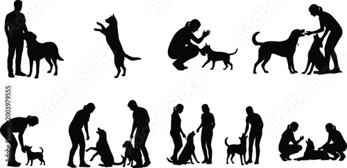 People with dogs silhouettes collection pet care training playing and interaction poses isolated on white background set