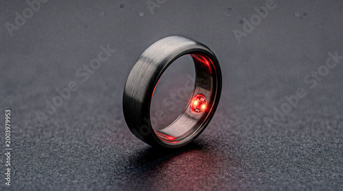 Minimal 3D titanium smart ring with glowing sensor on dark grey
