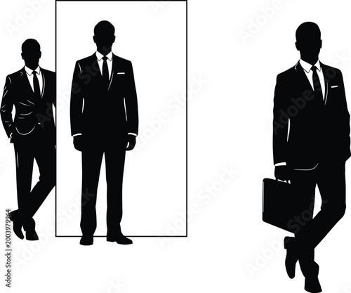 Set of businessman silhouettes in formal suits with briefcase and standing poses representing corporate professionalism, leadership, and executive business concepts