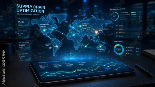 A futuristic global supply chain optimization graphic displayed on a tablet screen