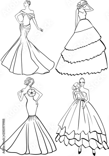 Model in evening dress, outline vector fashion illustrations set