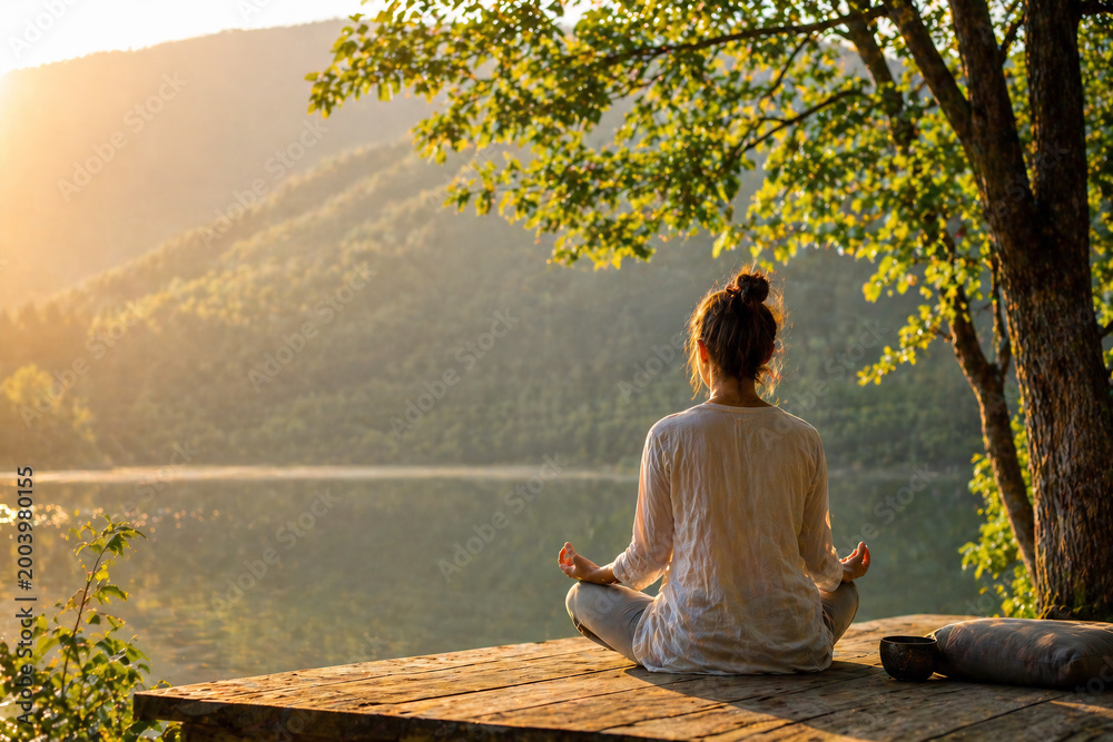 Fototapeta premium Woman meditating by peaceful lake at sunrise mindfulness yoga and mental wellness concept