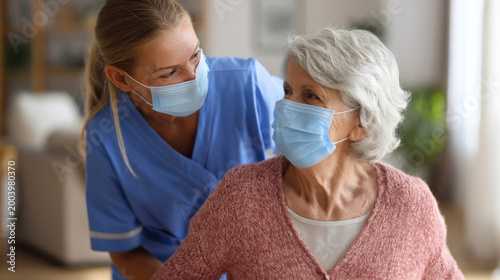 Caregiver helps elderly woman in a home setting during the day wearing masks for safety and health protection