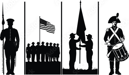 Foto Military ceremony silhouettes set featuring soldiers flag raising marching drumm