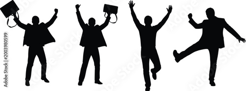 Silhouette of business people jumping and celebrating success with briefcase isolated on white background for corporate achievement concept