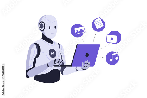 Illustration of Generative AI Robot Creating Multimodal Content. AI robot using a laptop to generate various digital assets including images, videos, music, and documents