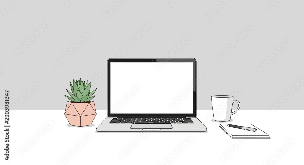 Fototapeta premium Minimalist Desk Setup with Laptop and Plant.