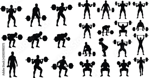 Weightlifting and fitness silhouette collection, athletes performing barbell exercises and strength training poses, gym workout set, isolated black illustration for sport design