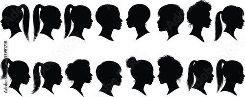 Women profile silhouettes collection with diverse female hairstyles ponytail bun short hair portraits isolated on white background set