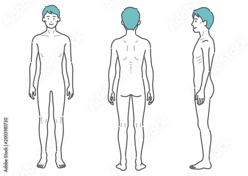 痩せ型の成人男性の全身イラスト（正面・背面・側面の3アングルセット）