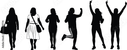 Women silhouettes collection with walking casual outfits jumping and celebrating poses isolated on white background lifestyle illustration set