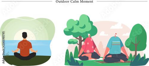 Outdoor Calm Moment Flat Vector Sunset Meditation Park Yoga Mindfulness Illustration