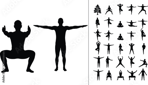 Yoga and fitness silhouettes set with meditation poses stretching exercises and balance positions isolated on white background
