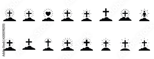 Set of christian cross icons on clouds, religious symbols of faith and resurrection isolated on white background