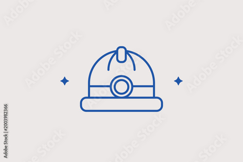 Mining helmet with lamp line icon for underground work safety and industrial lighting. Specialized vector illustration for mining industry reports and cave exploration guides.