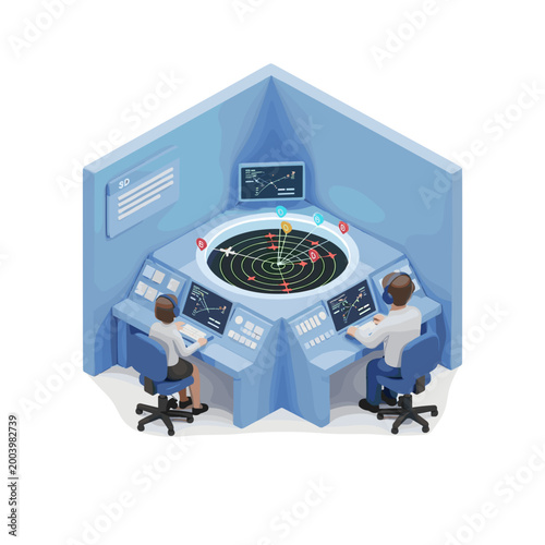 Air traffic control center illustration flight monitoring and communication