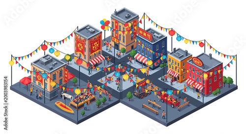 Isometric illustration showing a bustling Chinatown intersection with colorful buildings adorned with lanterns and banners, depicted in a pixel art style with a festive and vibrant mood