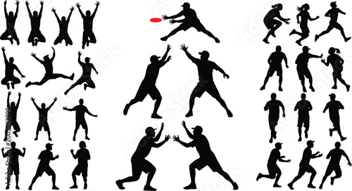 Foto Ultimate frisbee player silhouettes set with jumping catching throwing running a