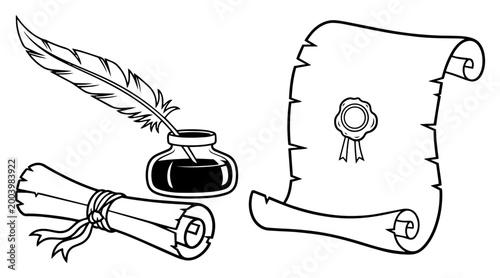 Vintage quill pen with inkwell and old parchment scrolls with wax seal, ancient writing tools sketch illustration for history and literature design