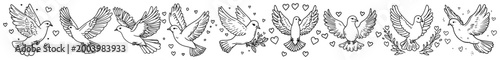 Decorative horizontal border pattern with white doves olive branches and hearts, symbol of peace and love vector line art illustration for wedding or greeting card