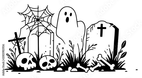 Halloween graveyard spooky scene with ghost skulls and tombstones line art, cemetery illustration for party invitation and horror design