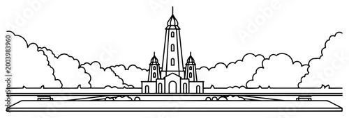 Minimalist landscape architecture line art with church monastery and clouds, wide panoramic nature scenery for coloring or banner