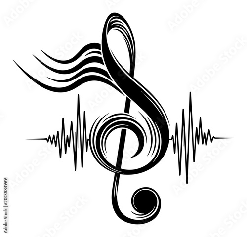 Treble clef with audio sound wave and heartbeat line, music passion logo concept for studio production and musician brand identity