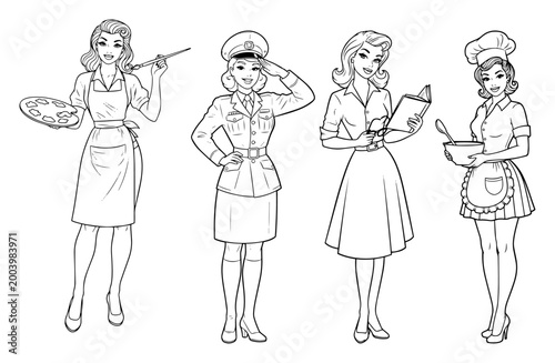 Vintage women professions collection set, pin up style female characters as artist soldier teacher and chef line art illustration