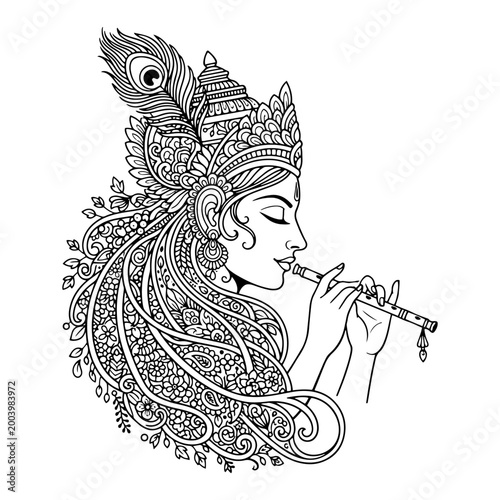 Lord Krishna playing flute with peacock feather and intricate floral ornaments, Indian spiritual line art for coloring book and meditation