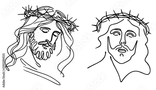 Jesus Christ face with crown of thorns line art set, minimalist religious Christian illustration for Easter and spiritual design