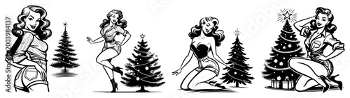 Christmas pin up girls collection with xmas trees, retro holiday female characters set for winter celebration and greeting cards