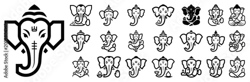 Ganesha elephant god icon collection, Lord Ganpati silhouettes and symbols set for Indian spiritual and religious decoration