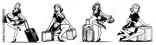 Travel pin up girl flight attendant collection with suitcases, retro vintage style female characters for tourism and vacation design