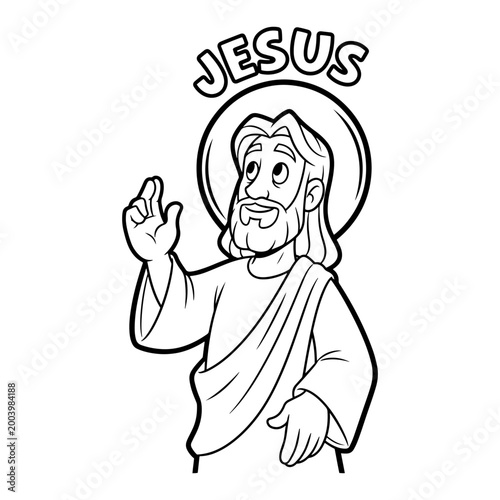 Cartoon Jesus Christ character blessing with halo, religious Christian line art for kids education and sunday school coloring page