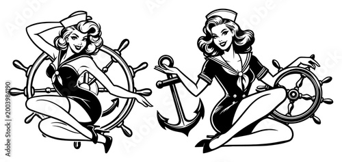 Nautical sailor pin up girls collection, retro maritime female characters with anchor and ship wheel for vintage tattoo and sea design