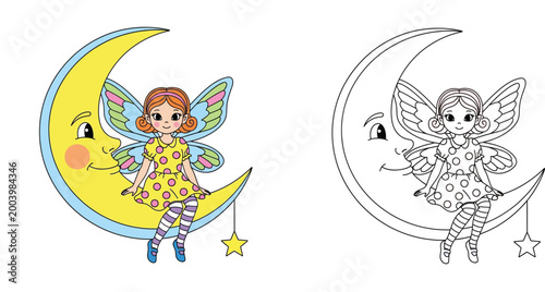 Cute Fairy Sitting on Crescent Moon Coloring Page Vector Illustration
