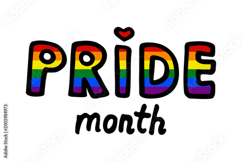 Pride month inscription pride month lgbt symbol, colorful handwriting doodle lettering spectrum queer identity freedom love diversity sign human orientation rights concept. Isolated. Vector