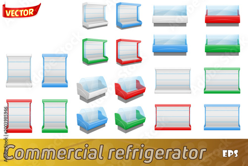 commercial shop refrigerator for cooling and preserving food set icons vector illustration