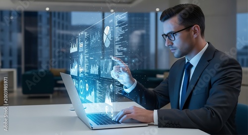 A man wearing glasses and a suit interacts with a transparent digital dashboard of charts and graphs while working on a laptop.