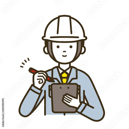 ネクタイと作業服でバインダーに記入する現場監督の男性イラスト｜白ヘルメット・記録・点検