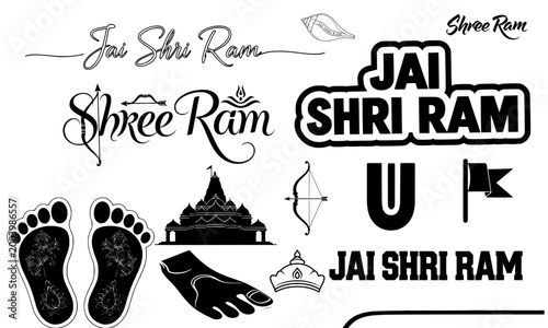 Jai Shri Ram sacred element collection featuring calligraphy text, temple, footprints, bow, and prayer hands, a complete Hindu design set perfect for religious festivals and spiritual branding