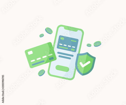 Secure Mobile Payment Checkout Illustration Card Phone App UI
