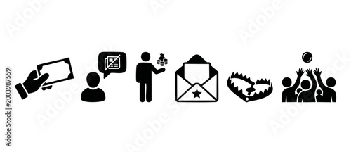 Business Icons Set Representing Finance, Communication, and Strategy Risks, Including Cash Handover, Fake News, Wealth Management, Marketing Envelopes, Bear Traps, and Team Goals in Black Vector Silho
