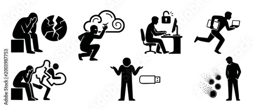 Cyber Security Icons Set - Data Breach and Hacking Concepts, Vector Collection of Internet Crime, Computer Theft, Privacy Risk, Ransomware Attack, Digital Identity Fraud, Network Vulnerability Illustr