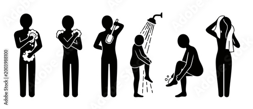 People Washing Body Icons Set, Person Taking Shower and Bathing Rituals, Stick Figure Vector Pictograms for Personal Hygiene and Bathroom Routine, Health Care and Cleaning Daily Habits Illustration