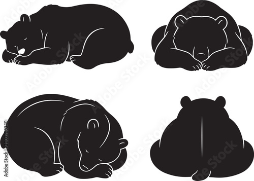 sleeping bear silhouette icons set side, front, back, and top views vector art illustration
