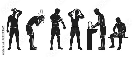 Man Showering Hygiene Steps Silhouette Set, Washing Body and Face After Workout Activity, Daily Routine Icons Vector Illustration Isolated on White Background for Health and Sports Fitness Personal Ca