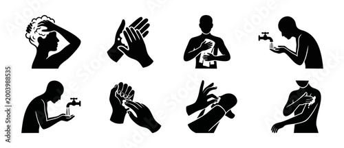 Personal Hygiene Icons Set, Washing Hands and Body Care Vector Symbols, Daily Routine Actions for Health and Sanitation Infographics, Silhouette Graphics for Medical and Wellness Educational Materials