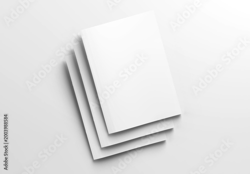 Three isolated magazine covers Mockup on white background with soft shadows. 3D rendering
