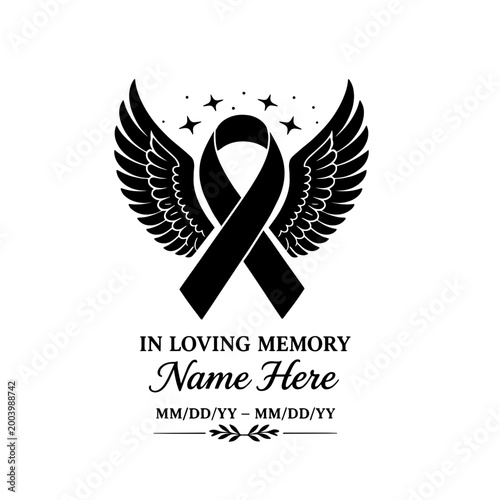 In Loving Memory Awareness Ribbon Wings SVG File, Memorial Tribute Name Date Vector Design